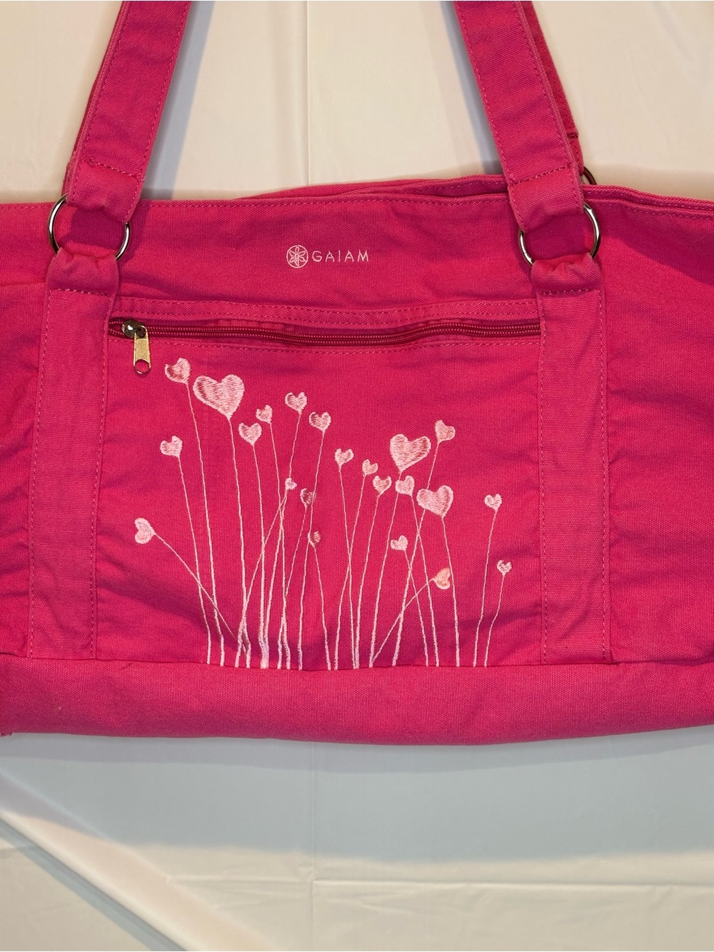 Gaian Hot Pink Canvas Yoga Tote Bag Embroidered White Hearts Zipper Pocket